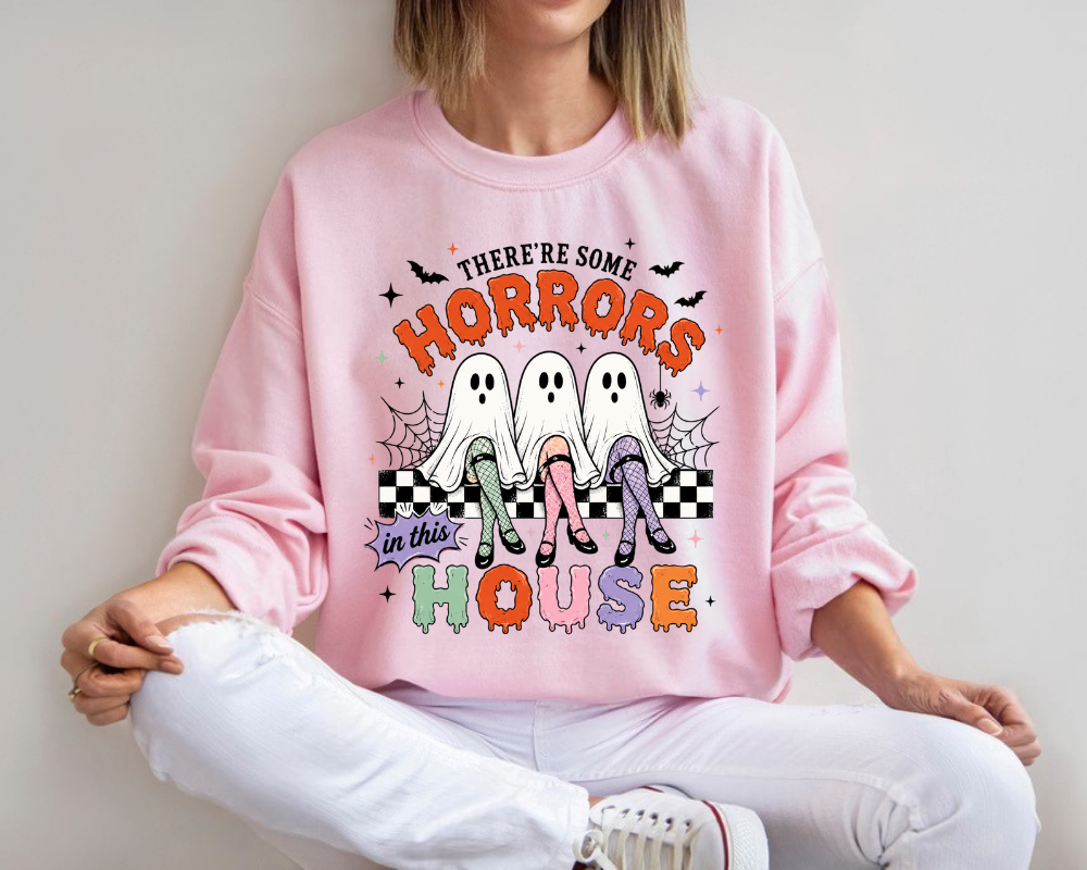 There's Some Horrors In This House Halloween Sweatshirt, Cute Ghost Trio Crewneck, Retro Coquette Spooky Season Pullover, Funny Ghost Graphic Sweatshirt, Halloween Gift for Women