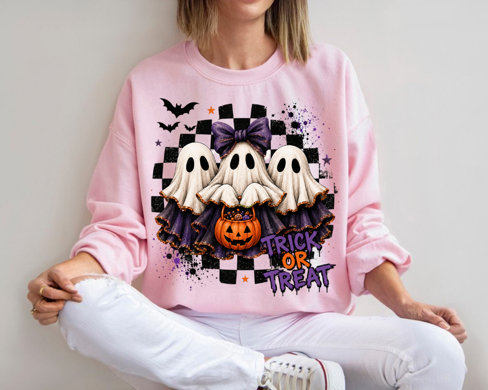 Cute Ghost Halloween Sweatshirt, Trick or Treat Crewneck, Coquette Ghost Sweatshirt, Spooky Season Shirt, Halloween Gift for Women
