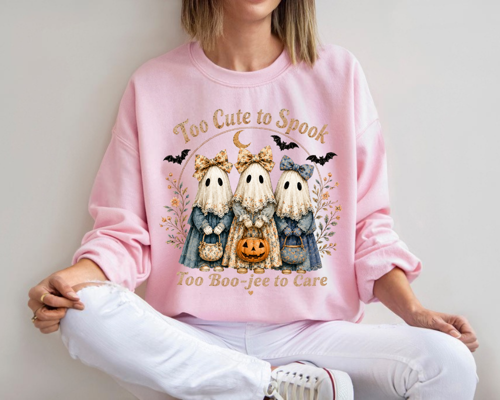 Too Cute to Spook Sweatshirt, Cute Ghost Halloween Crewneck, Coquette Ghost Sweatshirt, Spooky Season Fall Shirt, Halloween Gift for Women