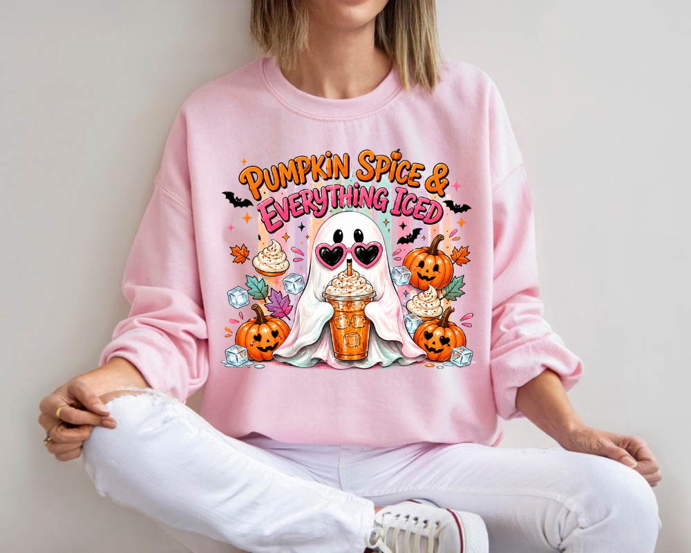Pumpkin Spice & Everything Iced Ghost Halloween Sweatshirt, Cute Ghost Coffee Crewneck, Pumpkin Spice Latte Sweater, Halloween Coffee Lover Gifts