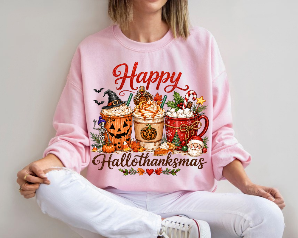 Happy Hallothanksmas Sweatshirt, Halloween Thanksgiving Christmas Sweatshirt, Holiday Coffee Graphic Crewneck, Pumpkin Spice Fall Winter Sweatshirt, Cute Holiday Gift for Women