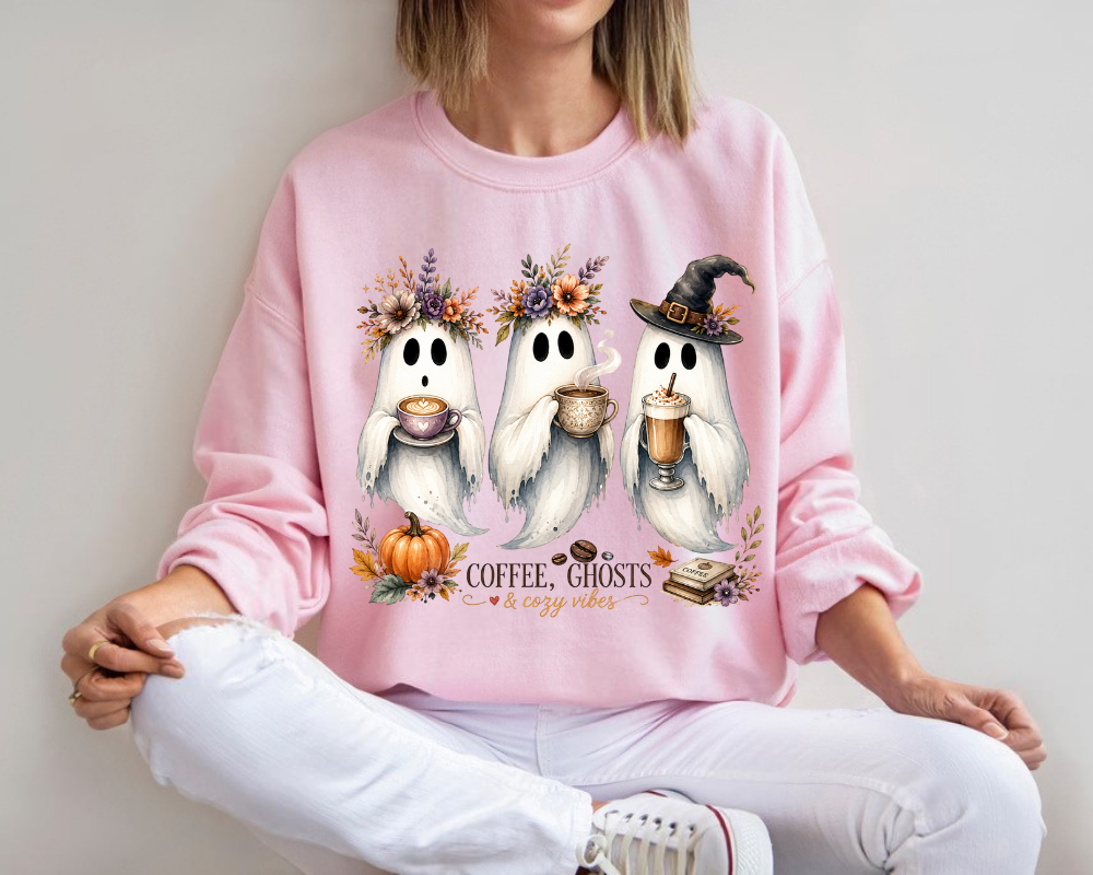 Cute Ghost Halloween Sweatshirt, Coffee Ghosts & Cozy Vibes Crewneck, Spooky Season Coffee Shirt, Fall Coffee Lover Gift