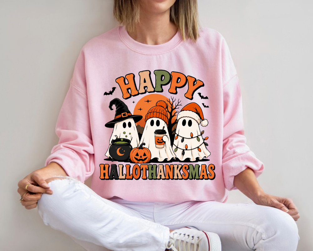 Happy Hallothanksmas Sweatshirt, Holiday Ghost Hoodie, Halloween Thanksgiving Christmas Crewneck, Gift for Holiday Lovers