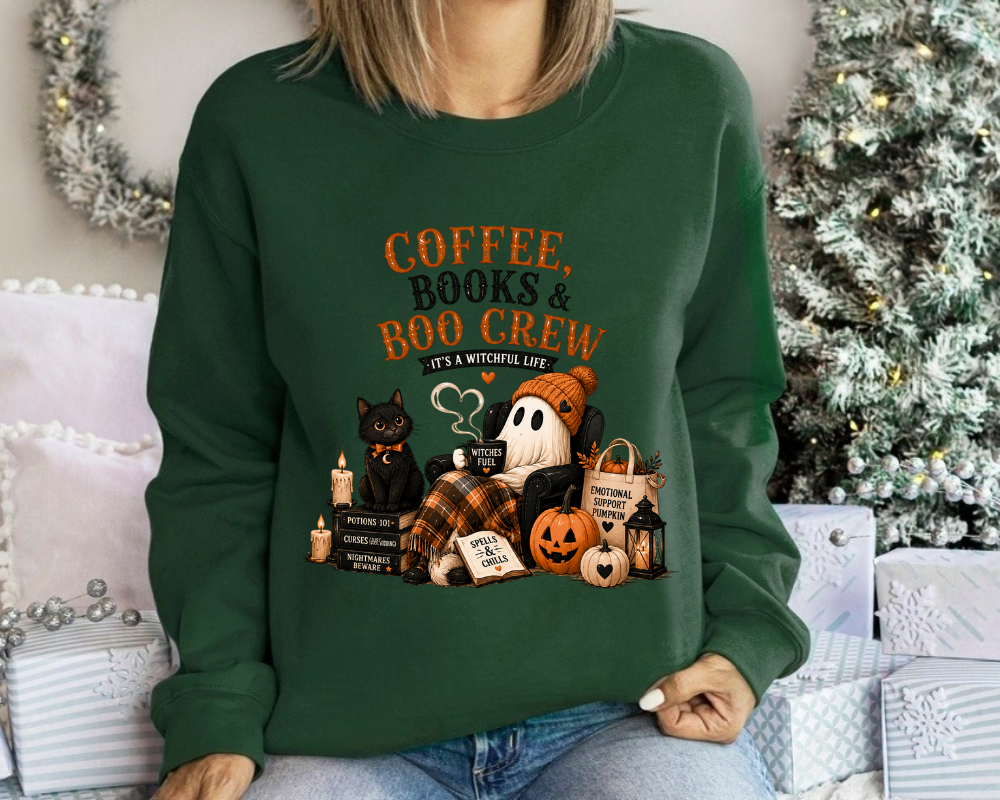 Coffee, Books & Boo Crew Sweatshirt, Cozy Halloween Ghost Hoodie, Cute Autumn Booklover Gift