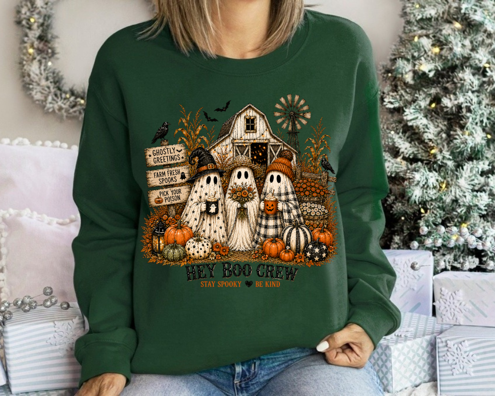 Hey Boo Crew Sweatshirt, Cute Ghost Halloween Sweatshirt, Spooky Season Crewneck, Pumpkin Patch Fall Shirt, Cozy Autumn Gift for Women