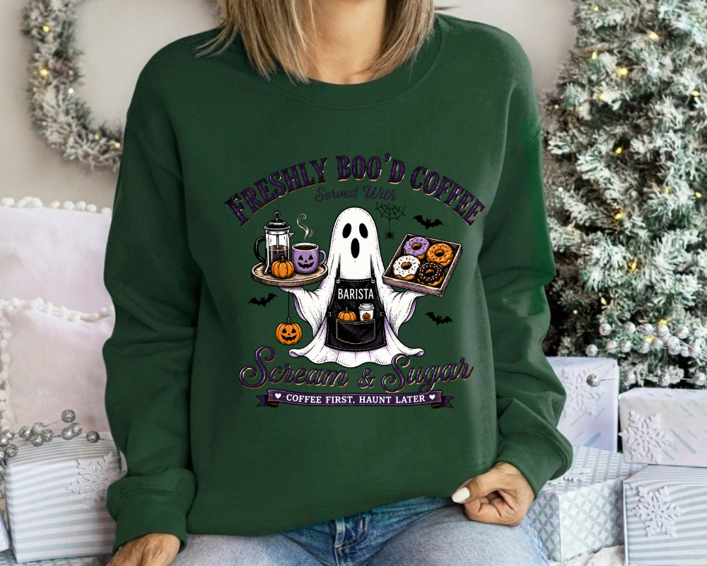 Freshly Boo'd Coffee Halloween Sweatshirt, Ghost Barista Crewneck, Spooky Coffee Lover Gift for Women