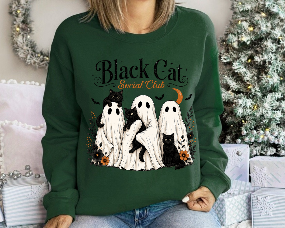 Black Cat Social Club Halloween Sweatshirt, Ghost Cats Crewneck, Gift for Cat Lovers