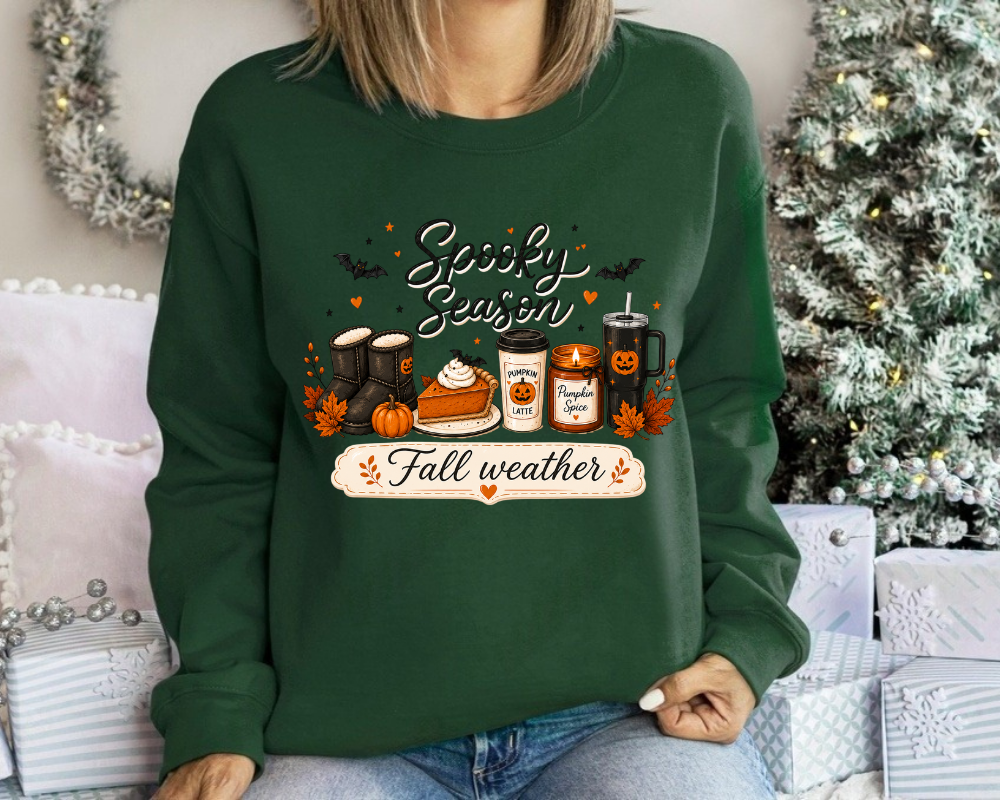 Spooky Season Fall Weather Sweatshirt, Pumpkin Spice Coffee Crewneck, Cozy Autumn Halloween Sweatshirt, Cute Fall Gift for Women