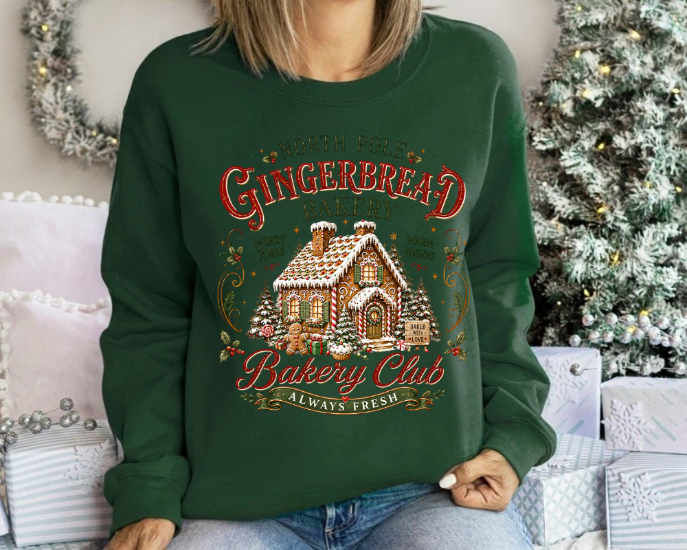 North Pole Gingerbread Bakery, Cozy Christmas Sweatshirt, Gingerbread House Holiday Crewneck, Vintage Christmas Graphic Shirt, Baking Lover Gift