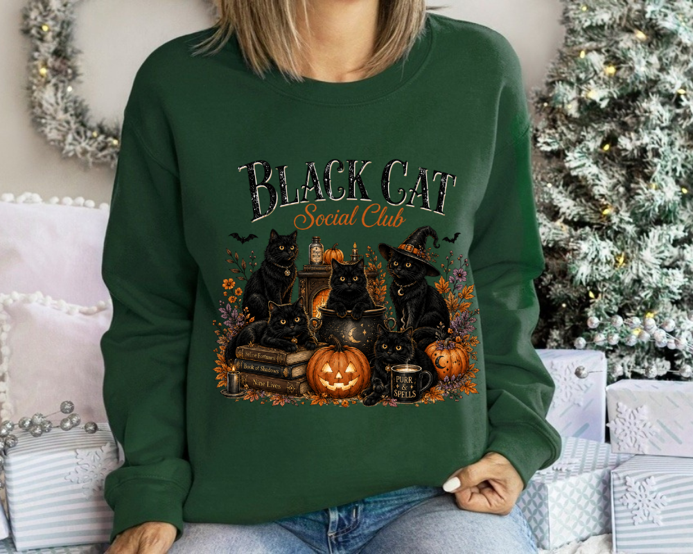 Black Cat Social Club Halloween Sweatshirt, Witch Cat Crewneck, Gift for Cat Lovers