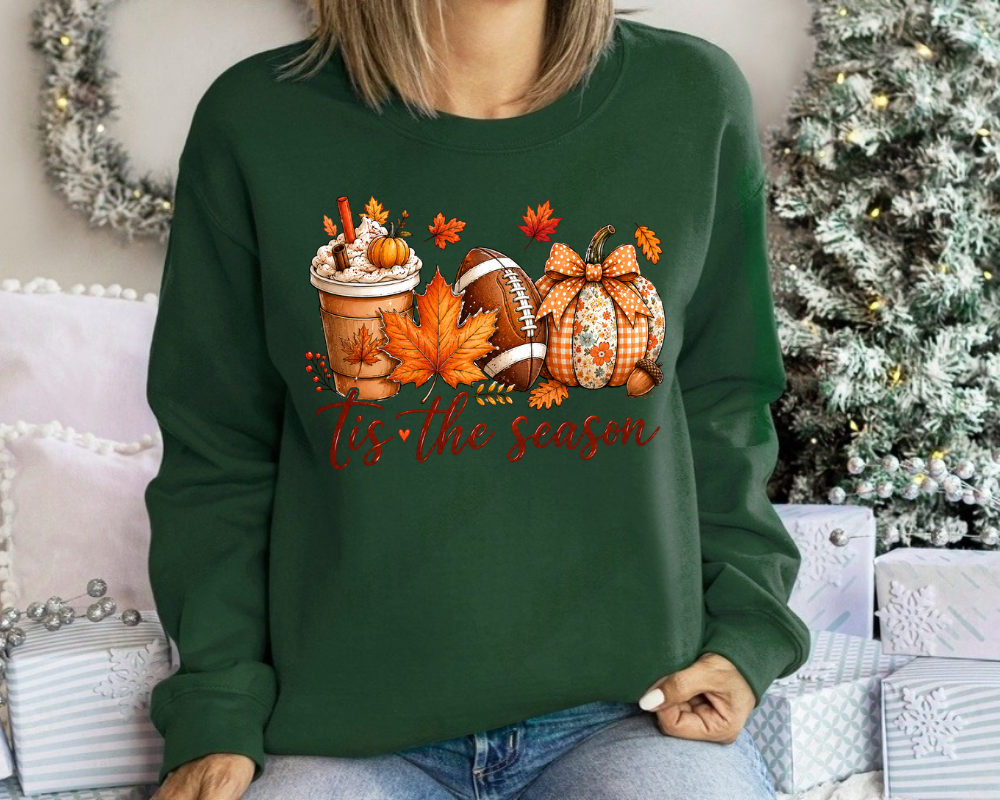 Cozy Autumn Tis the Season Fall Sweatshirt, Pumpkin Spice Football Sweatshirt