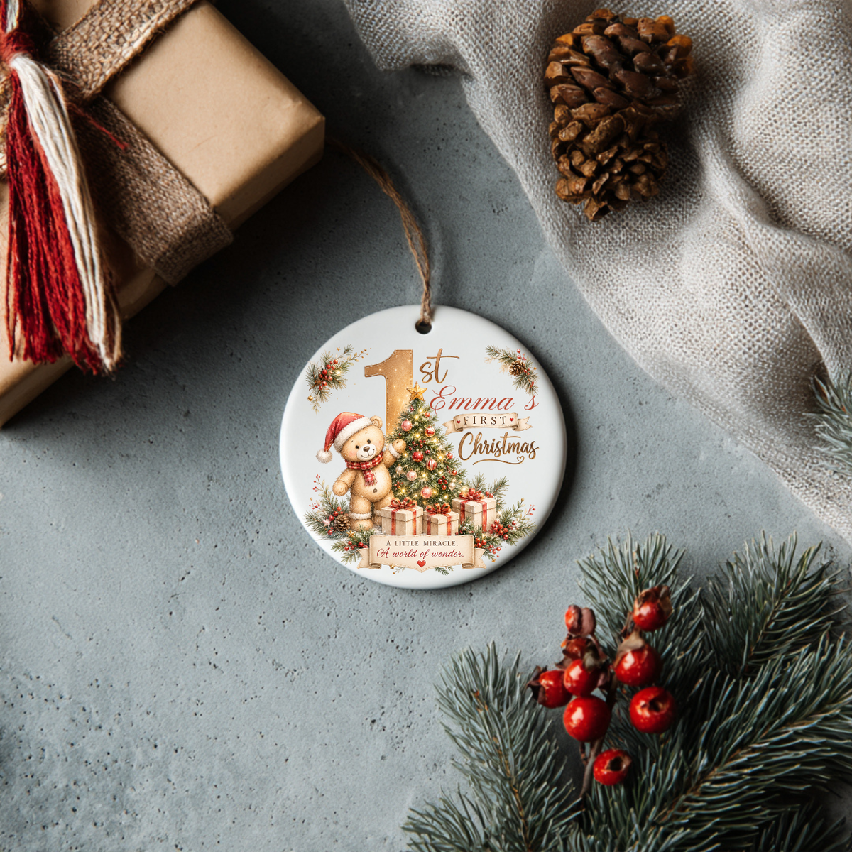 Personalized Teddy Bear Baby’s 1st Christmas Ornament 2026, Christmas Tree Ornaments
