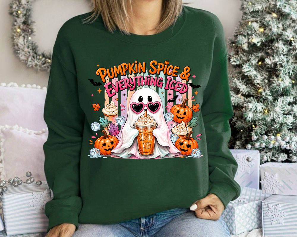 Pumpkin Spice & Everything Iced Ghost Halloween Sweatshirt, Cute Ghost Coffee Crewneck, Pumpkin Spice Latte Sweater, Halloween Coffee Lover Gifts