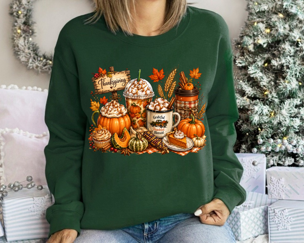 Thanksgiving Coffee Sweatshirt, Pumpkin Spice Fall Crewneck, Cozy Autumn Graphic Shirt, Grateful Thankful Blessed Pullover, Fall Gift for Women