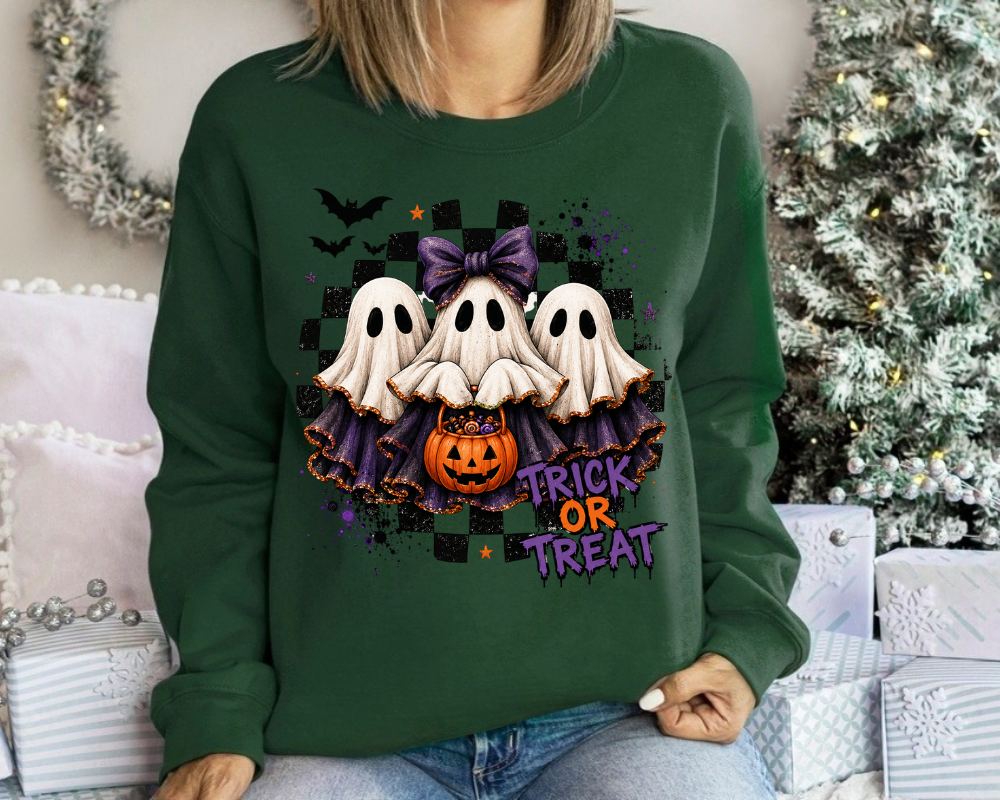 Cute Ghost Halloween Sweatshirt, Trick or Treat Crewneck, Coquette Ghost Sweatshirt, Spooky Season Shirt, Halloween Gift for Women