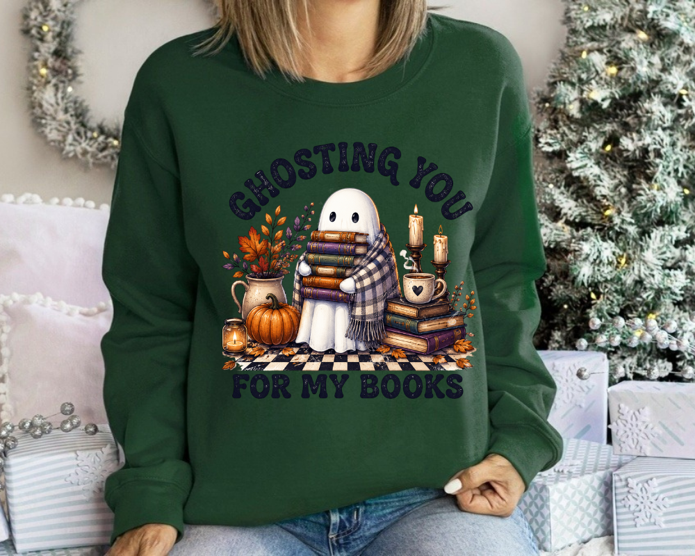 Ghosting You For My Books Sweatshirt, Halloween Book Lover Crewneck, Cute Ghost Reading Shirt, Spooky Reader Gift