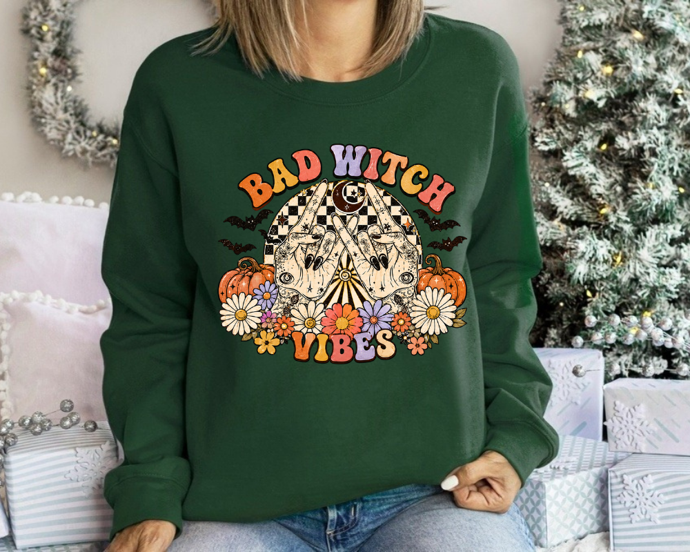 Bad Witch Vibes Halloween Sweatshirt, Retro Boho Witch Shirt, Spooky Season Crewneck, Vintage Witchy Fall Sweater