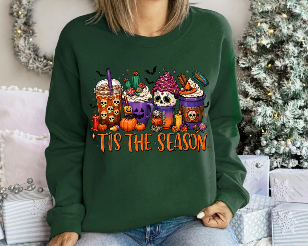 Tis The Season Halloween Coffee Sweatshirt, Spooky Season Crewneck, Pumpkin Spice Coffee Lover Shirt, Vintage Fall Graphic Pullover, Halloween Gift for Women