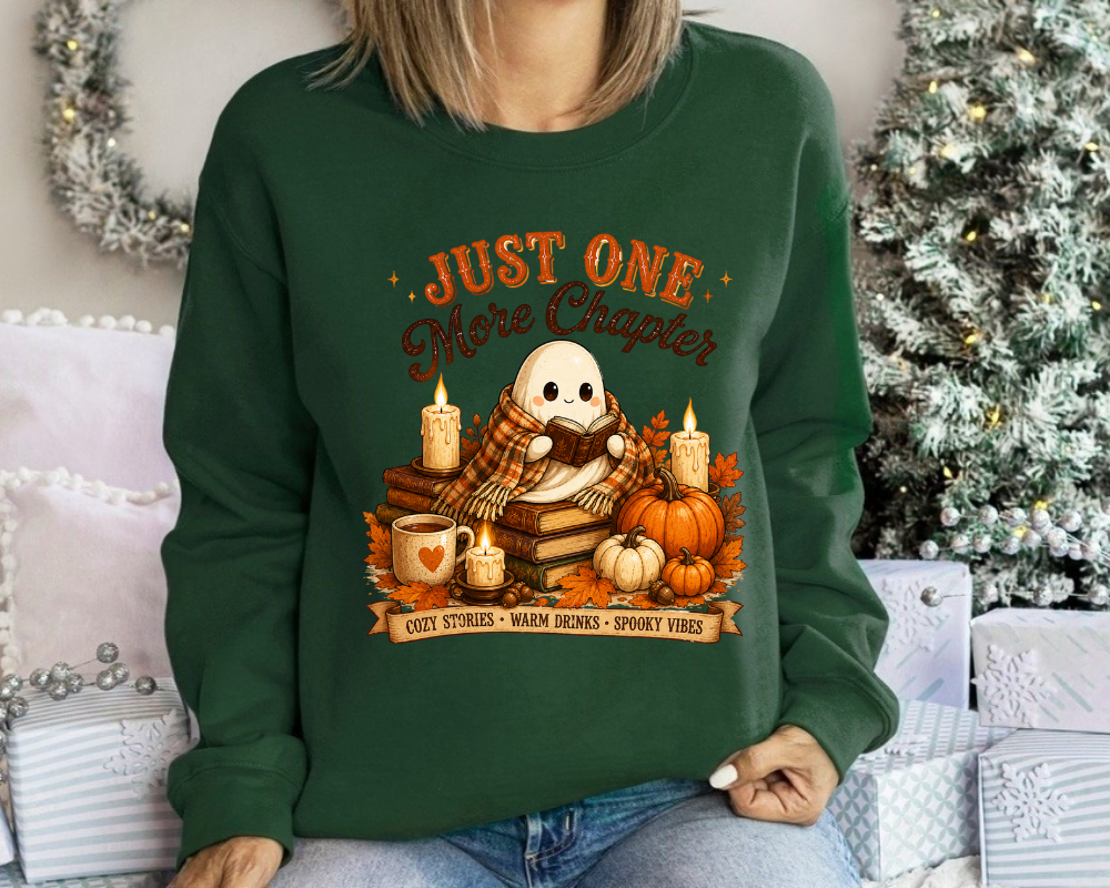 Just One More Chapter Halloween Sweatshirt, Cute Ghost Reading Crewneck, Cozy Fall Book Lover Sweatshirt, Pumpkin Autumn Graphic Pullover, Reader Gift for Women