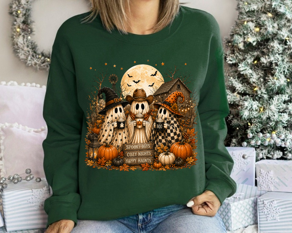 Cozy Ghost Halloween Sweatshirt, Spooky Season Crewneck, Cute Ghost Fall Sweatshirt, Pumpkin Patch Farmhouse Shirt, Autumn Halloween Gift for Women