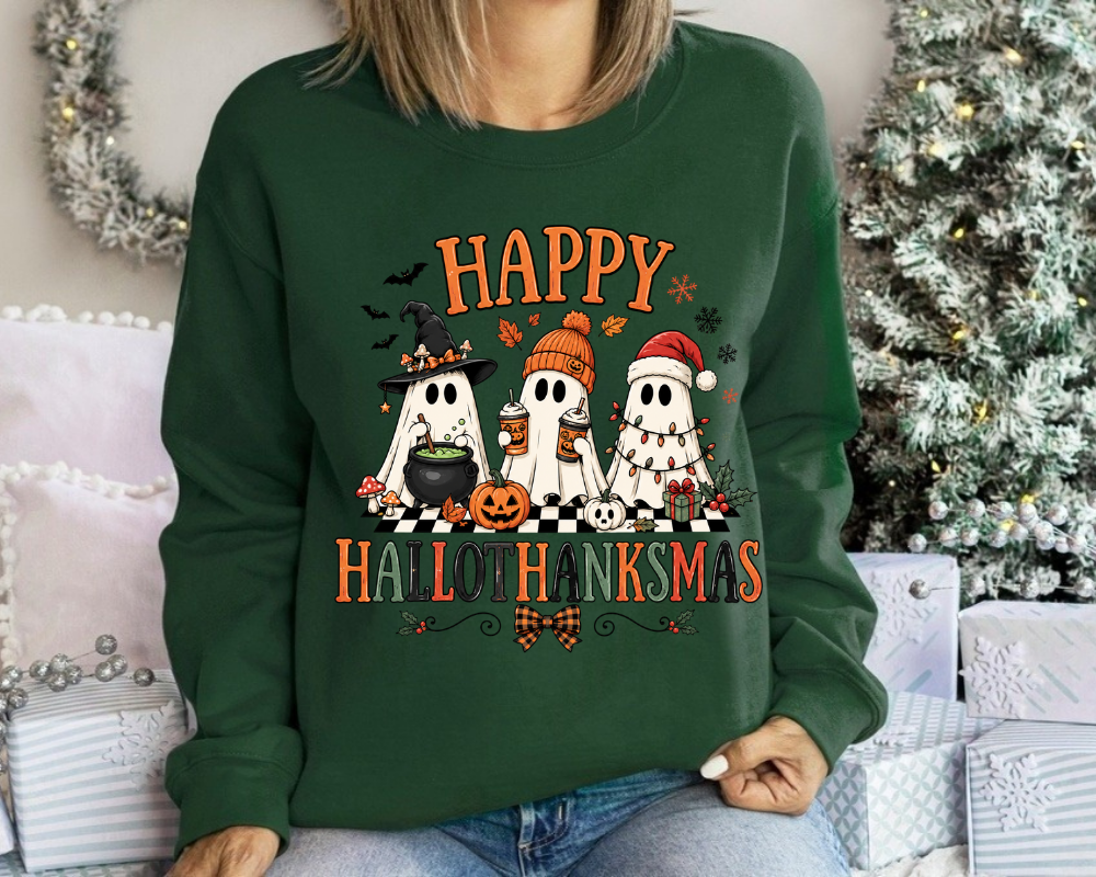 Happy Hallothanksmas Sweatshirt, Holiday Ghost Hoodie, Cute Spooky Christmas Crewneck, Gift for Holiday Lovers