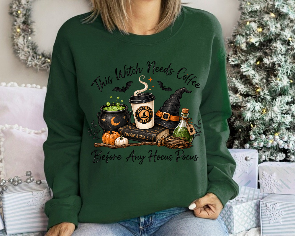 This Witch Needs Coffee Halloween Sweatshirt, Witch Coffee Shirt, Spooky Season Crewneck, Hocus Pocus Gift for Coffee Lovers