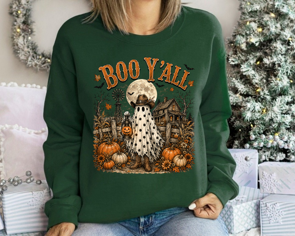 Boo Y'all Ghost Sweatshirt, Western Halloween Crewneck, Cowgirl Ghost Shirt, Pumpkin Patch Fall Sweatshirt