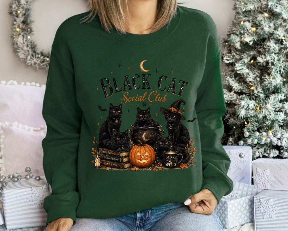 Black Cat Social Club Halloween Sweatshirt, Cozy Magic Cat Crewneck, Gift for Cat Lovers