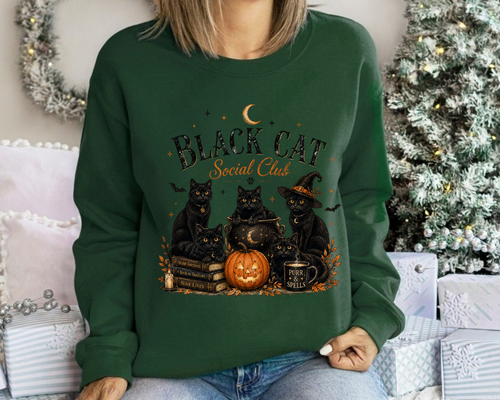 Black Cat Social Club Halloween Sweatshirt, Cozy Magic Cat Crewneck, Gift for Cat Lovers