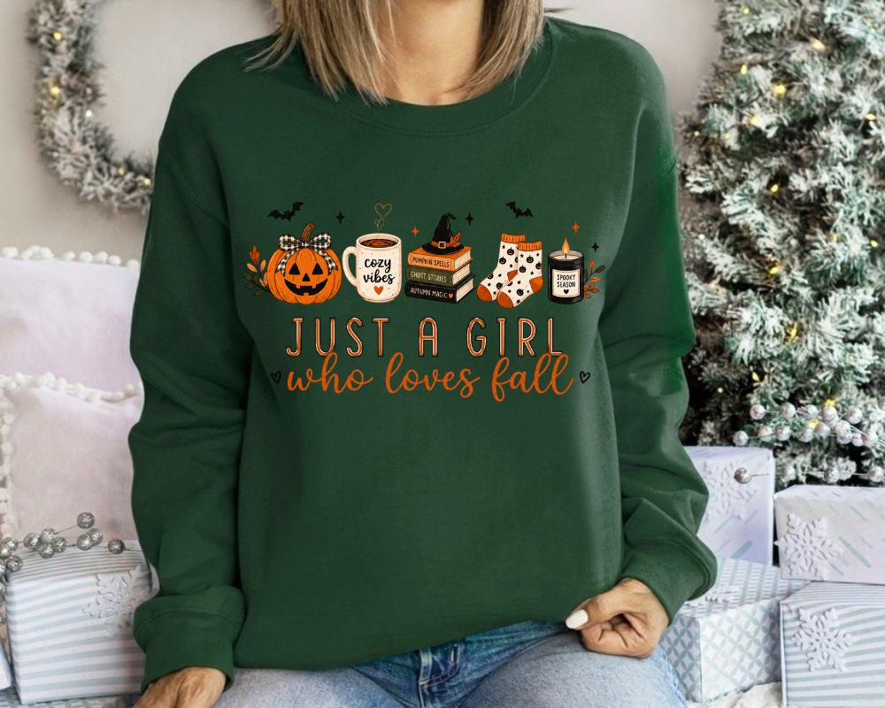 Just A Girl Who Loves Fall Sweatshirt, Cozy Fall Coffee Crewneck, Pumpkin Halloween Graphic Sweatshirt, Autumn Lover Pullover, Cute Fall Gift for Women