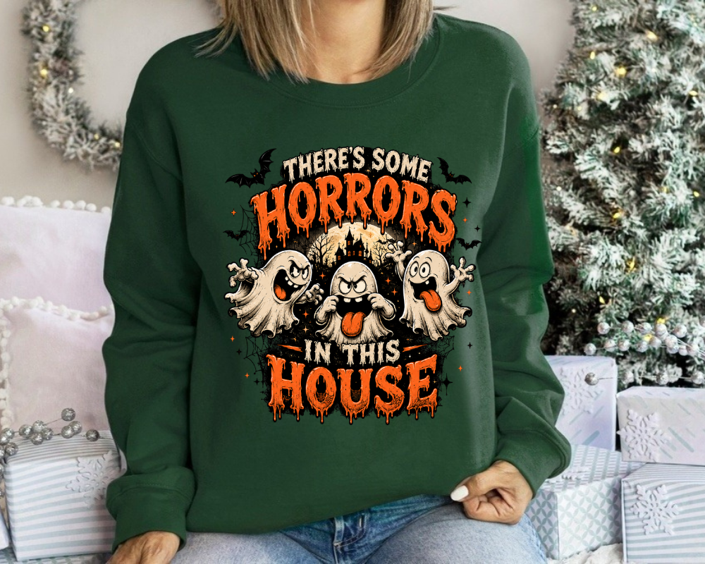 There's Some Horrors in This House - Halloween Ghost Sweatshirt, Funny Spooky Ghost Graphic Crewneck, Cute Haunted House Fall Pullover, Halloween Party Costume Gift, Spooky Season Gift for Women