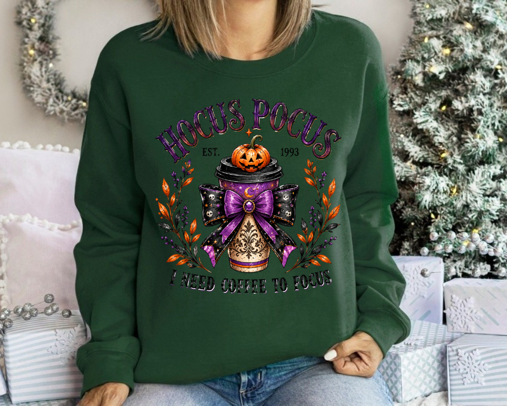 Spooky Brew - I Need Coffee To Focus Halloween Sweatshirt, Witch Coffee Lover Crewneck, Vintage Spooky Season Shirt, Fall Graphic Gift for Women