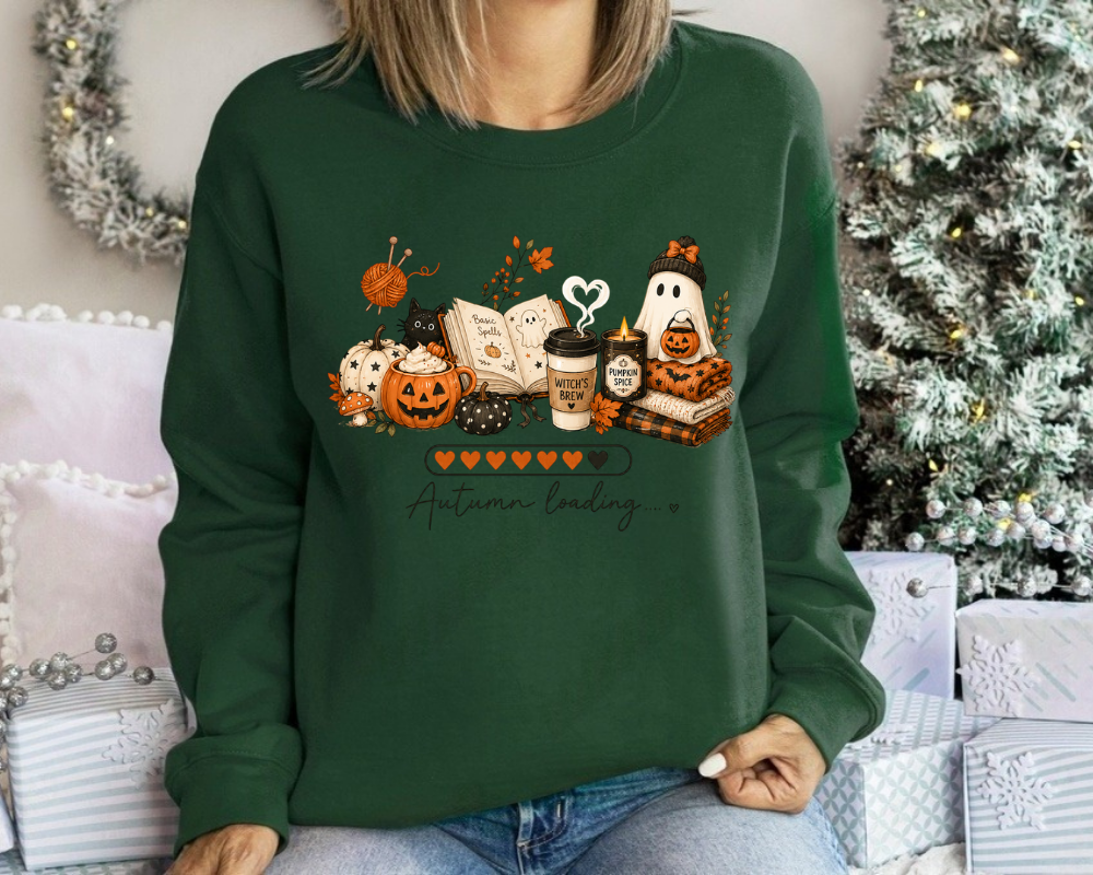 Autumn Loading Halloween Sweatshirt, Cozy Fall Ghost Pumpkin Crewneck, Cute Black Cat Coffee Graphic Pullover, Spooky Season Sweatshirt, Fall Gift for Women