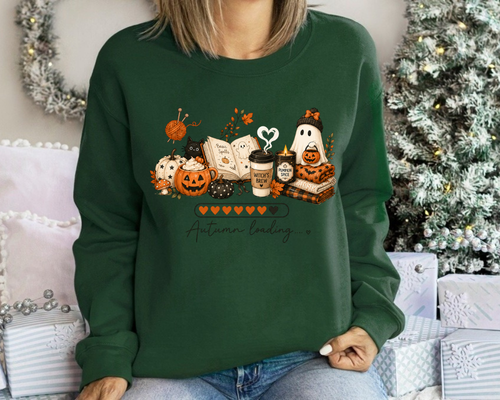 Autumn Loading Halloween Sweatshirt, Cozy Fall Ghost Pumpkin Crewneck, Cute Black Cat Coffee Graphic Pullover, Spooky Season Sweatshirt, Fall Gift for Women