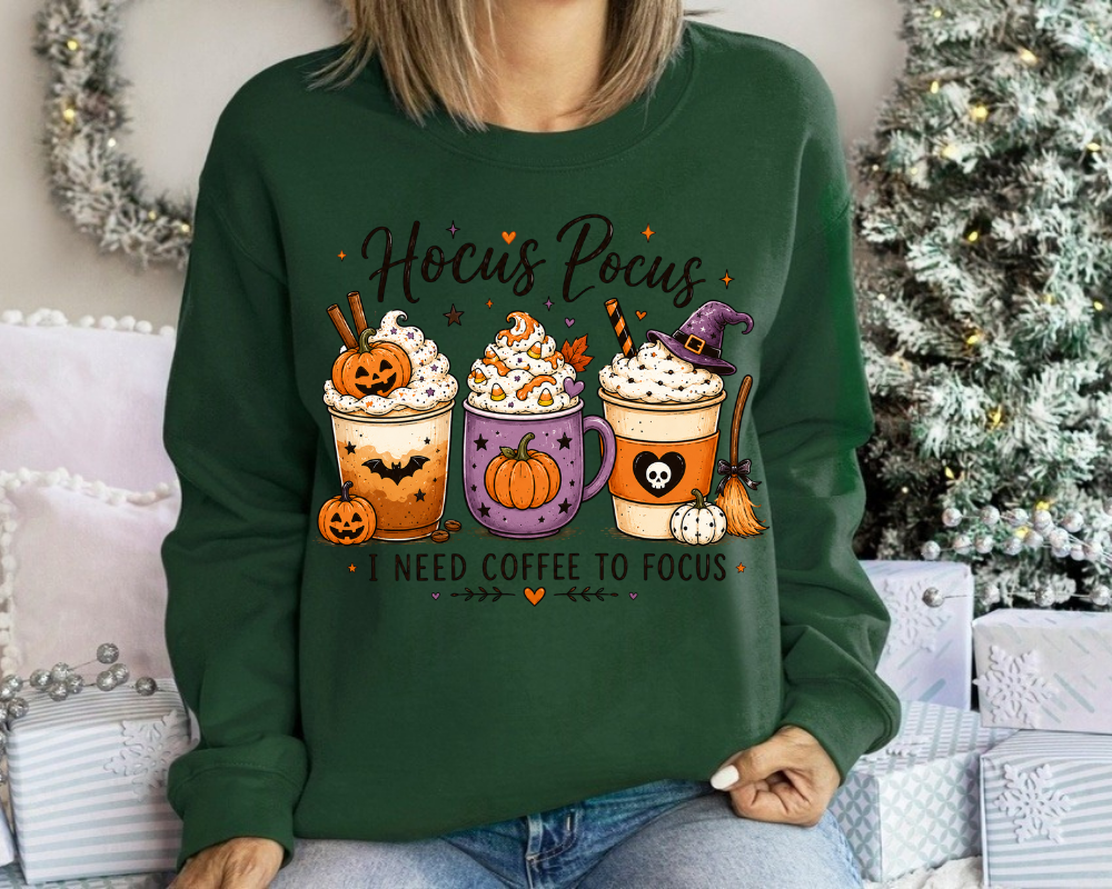 Hocus Pocus Halloween Sweatshirt, Coffee Lover Crewneck, I Need Coffee To Focus