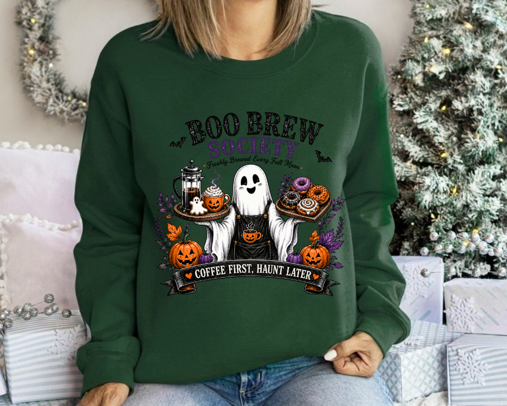 Boo Brew Society Halloween Sweatshirt, Ghost Coffee Crewneck, Spooky Season Gift for Women