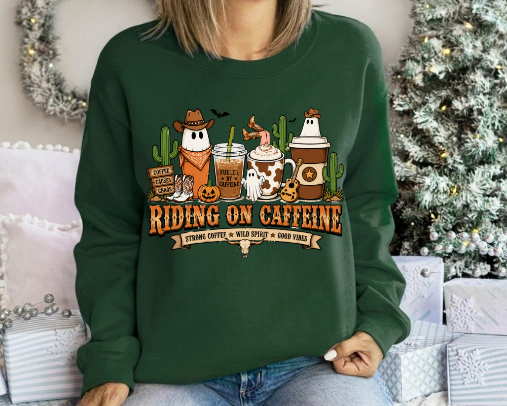 Riding On Caffeine Sweatshirt, Western Halloween Ghost Coffee Crewneck, Cowgirl Coffee Shirt, Cute Fall Coffee Lover Gifts