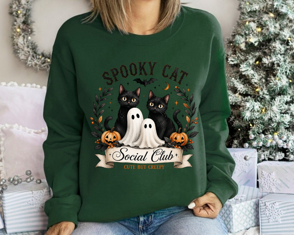 Spooky Cat Social Club Halloween Sweatshirt, Ghost Cat Crewneck, Gift for Cat Lovers