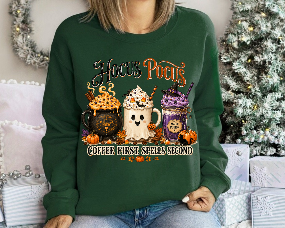 Hocus Pocus Sweatshirt, Halloween Coffee Sweatshirt, Witch Coffee Shirt, Coffee First Spells Second Graphic Crewneck, Pumpkin Spice Fall Sweatshirt, Cute Halloween Gift for Coffee Lovers