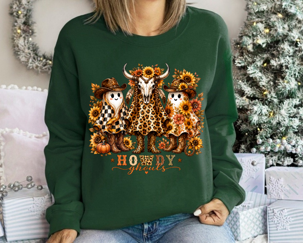 Howdy Ghouls Sweatshirt, Western Halloween Ghost Shirt, Cowgirl Ghost Crewneck, Sunflower Leopard Halloween Sweatshirt, Cute Fall Western Gift for Women