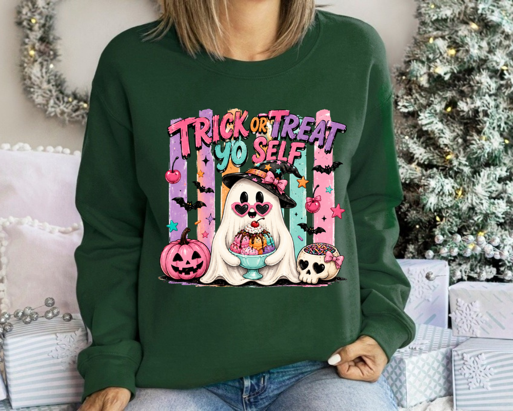 Trick or Treat Yo Self - Ghost Halloween Sweatshirt, Cute Ghost Shirt, Funny Halloween Sweatshirt, Women's Halloween Crewneck, Spooky Season Sweatshirt
