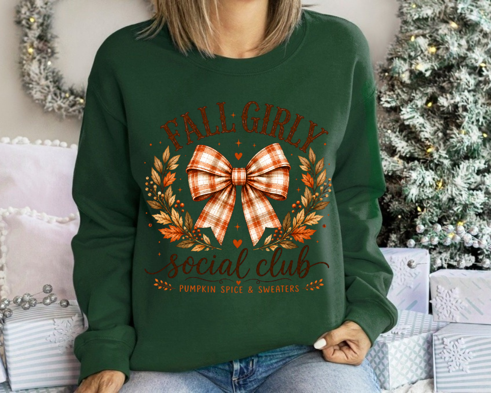 Fall Girly Social Club Sweatshirt, Coquette Bow Fall Sweatshirt, Pumpkin Spice Autumn Shirt, Cute Fall Graphic Crewneck, Cozy Fall Outfit for Women