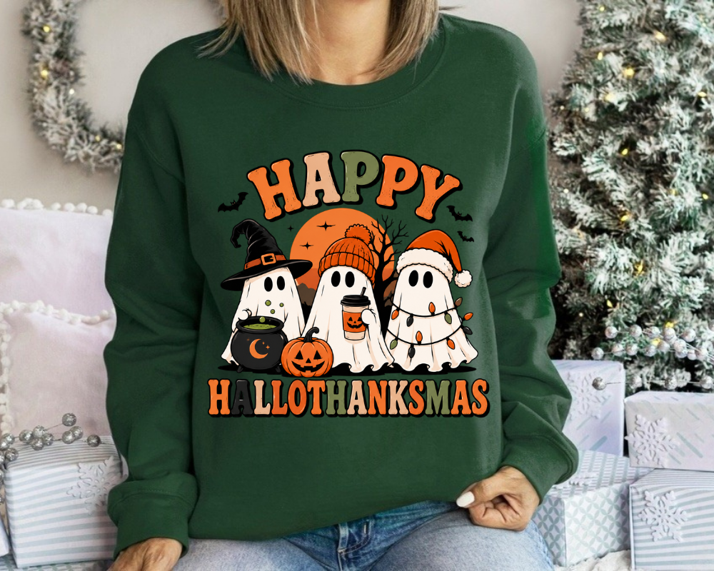 Happy Hallothanksmas Sweatshirt, Holiday Ghost Hoodie, Halloween Thanksgiving Christmas Crewneck, Gift for Holiday Lovers