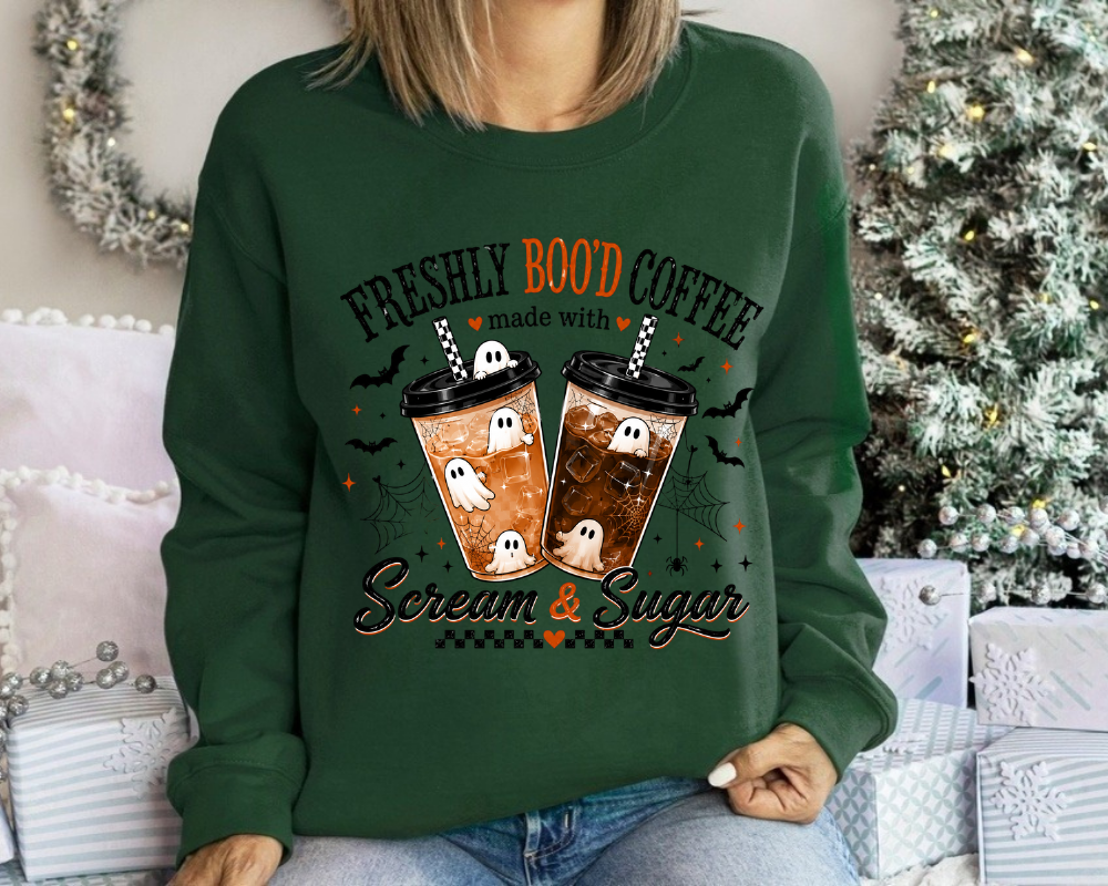 Freshly Boo'd Coffee Halloween Sweatshirt, Ghost Coffee Shirt, Spooky Season Crewneck, Coffee Lover Gift for Women