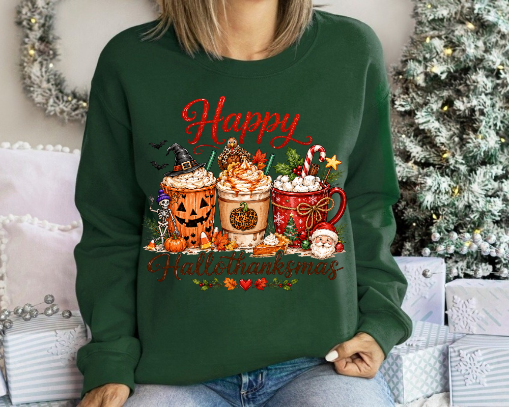 Happy Hallothanksmas Sweatshirt, Halloween Thanksgiving Christmas Sweatshirt, Holiday Coffee Graphic Crewneck, Pumpkin Spice Fall Winter Sweatshirt, Cute Holiday Gift for Women
