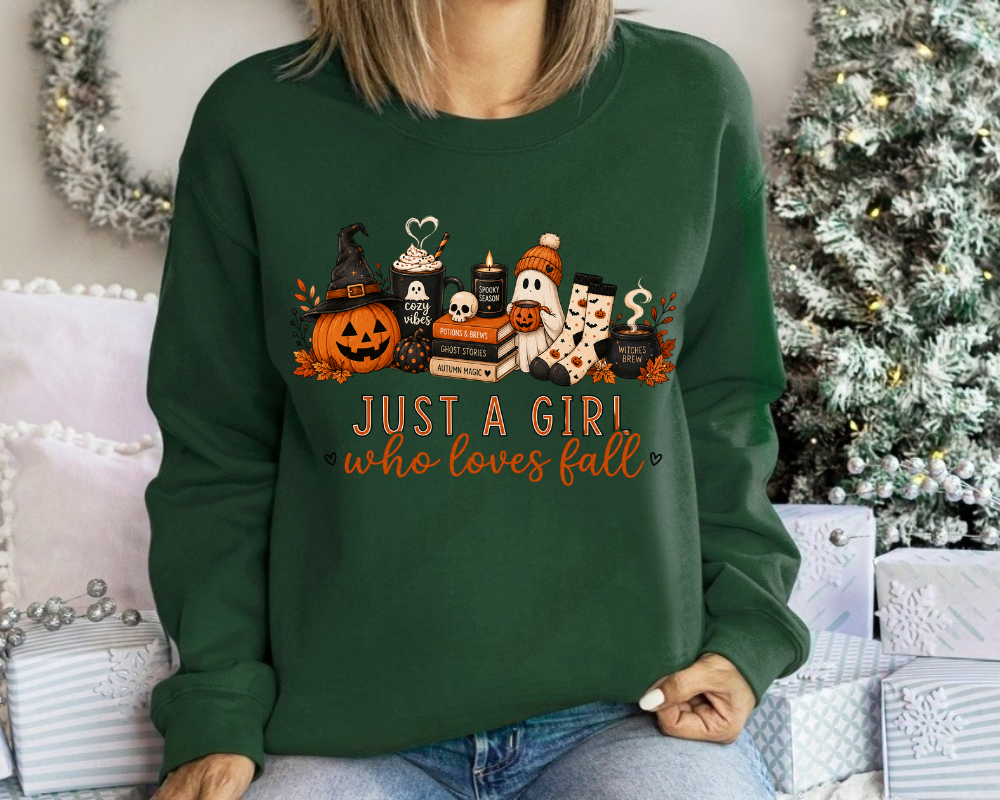 Just A Girl Who Loves Fall Sweatshirt, Cozy Halloween Pumpkin Crewneck, Cute Ghost Coffee Graphic Pullover, Autumn Lover Sweatshirt, Fall Gift for Women