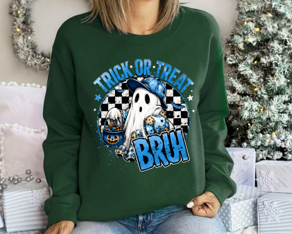 Trick or Treat Bruh Sweatshirt, Funny Ghost Halloween Sweatshirt, Spooky Season Crewneck, Cute Blue Ghost Shirt, Halloween Gifts
