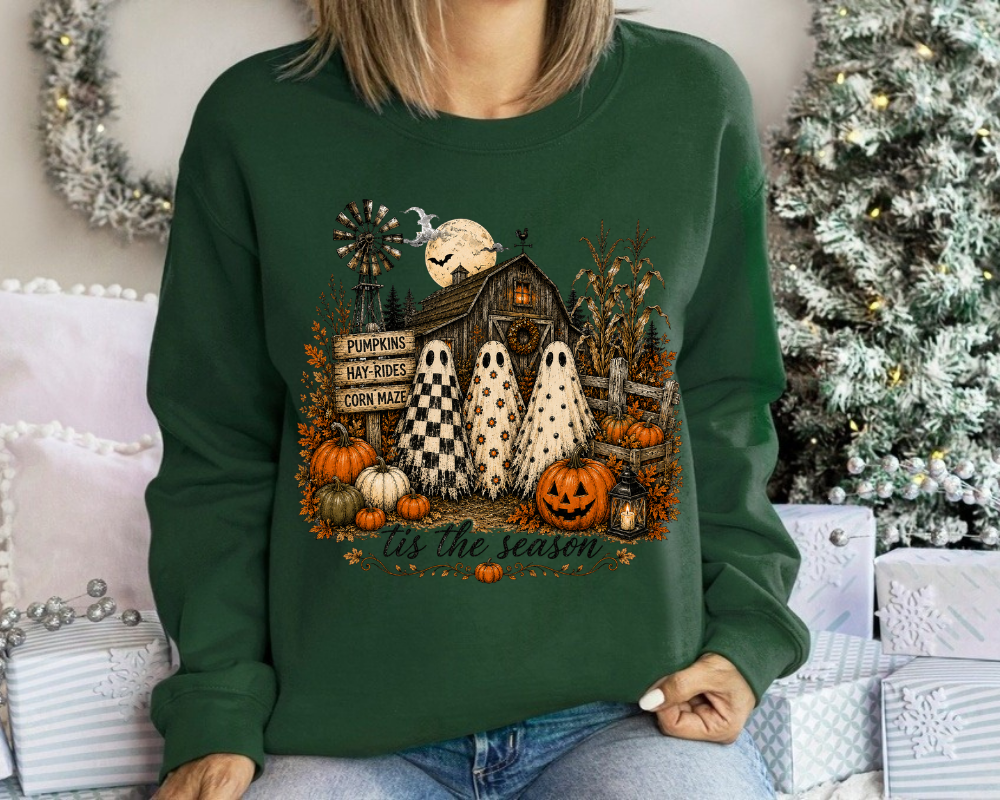 'Tis The Season Farmhouse Halloween Sweatshirt, Pumpkin Ghost Crewneck, Cute Ghost Fall Shirt, Spooky Season Sweatshirt