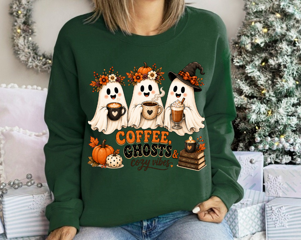 Cute Ghost Halloween Sweatshirt, Spooky Season Crewneck, Coffee Lover Sweatshirt, Fall Ghost Shirt, Halloween Gift for Women
