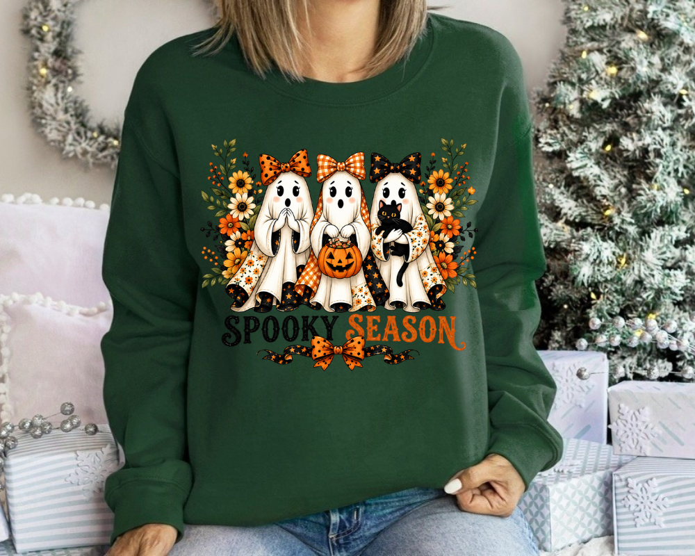 Cute Ghost Halloween Sweatshirt, Coquette Ghost Crewneck, Black Cat Fall Sweatshirt, Pumpkin Bow Autumn Shirt, Halloween Gift for Women